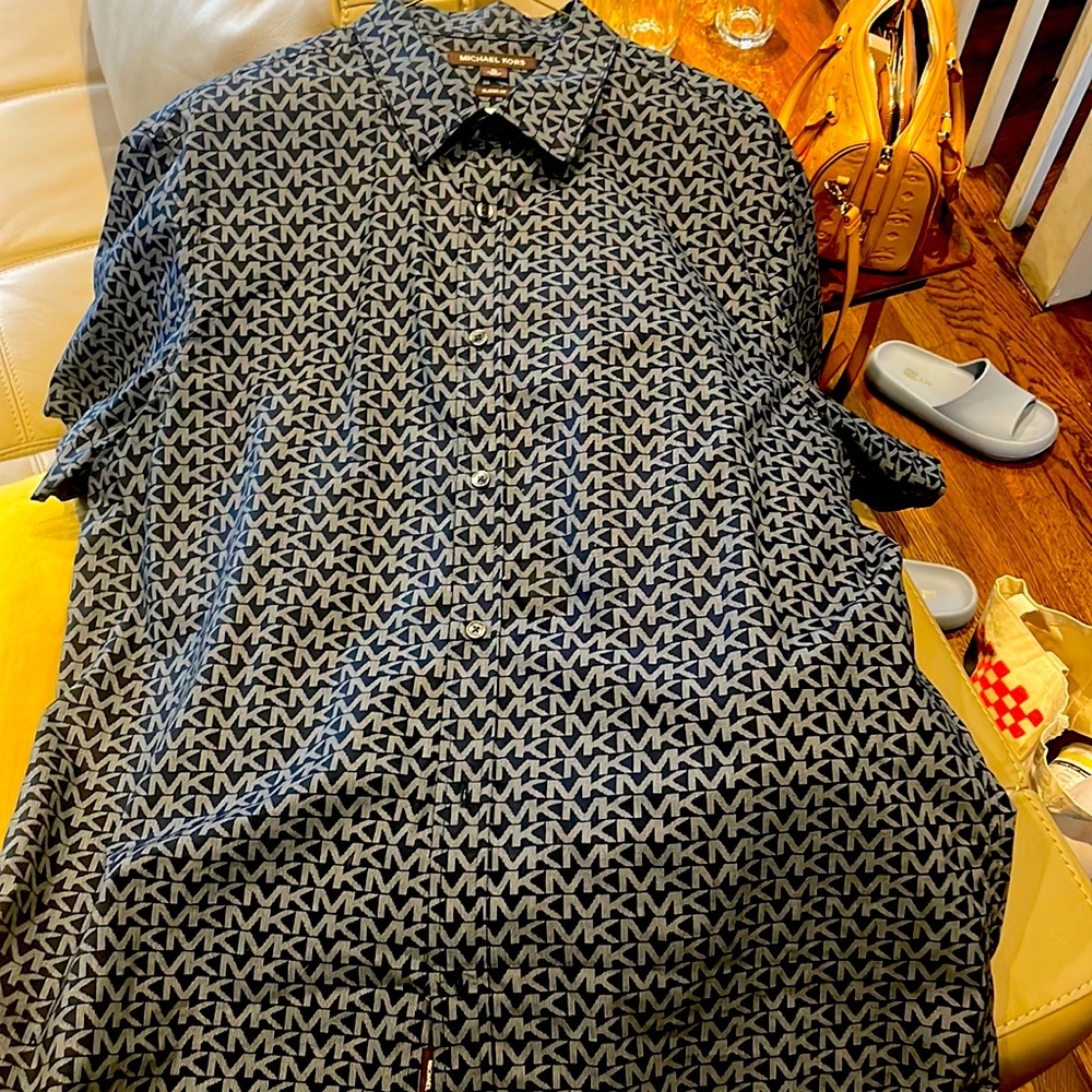 Michael Kors MK Logo Print Button Down Shirt Mens Short Sleeve